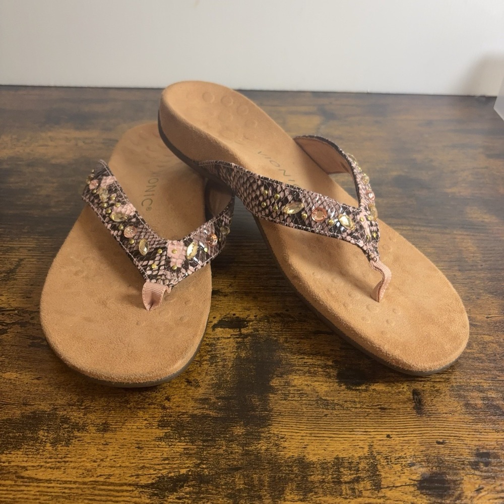 Vionic Lucia Snake Print Thong Sandals Womens Sz 9 Black Pink Embellished